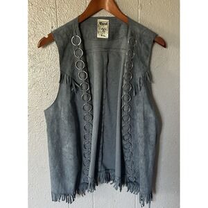 Women's Vocal USA Gray Suede Fringe Open Vest Size XL Western Boho Festival